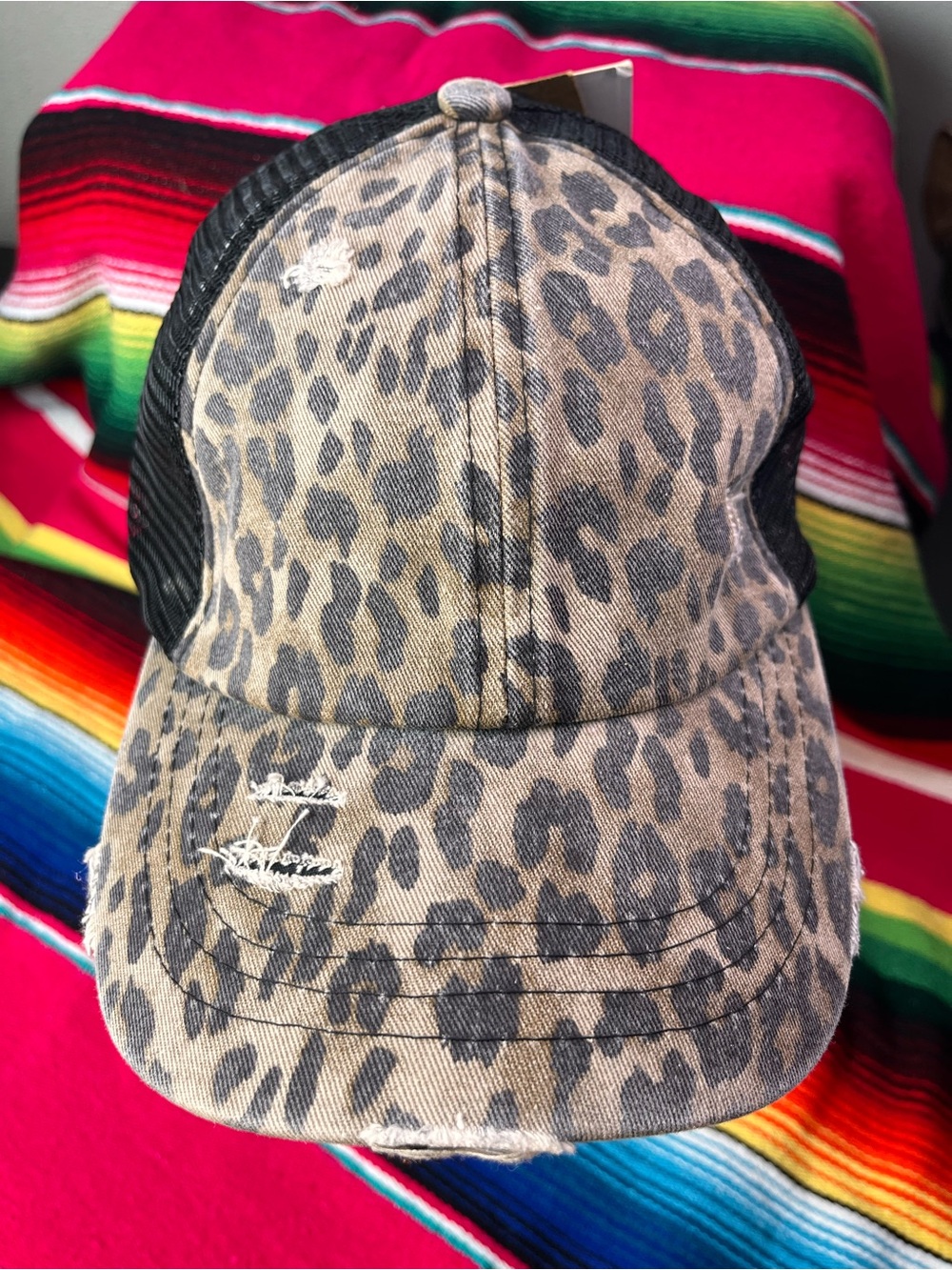 Leopard Print Distressed Mesh-Back Trucker Hat with Cross Cross back